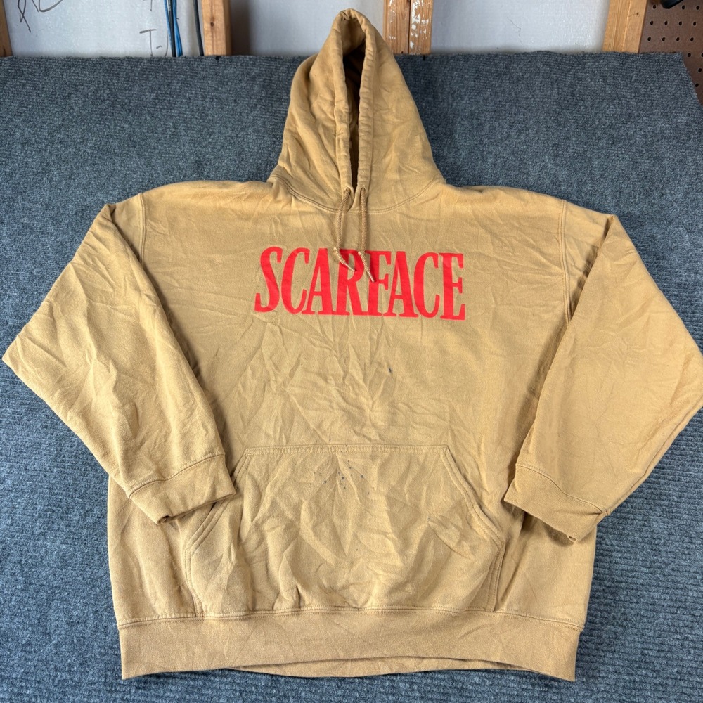 Scarface Movie Graphic Hoodie Mens XL Tan Tony Montana Red Logo Sweatshirt